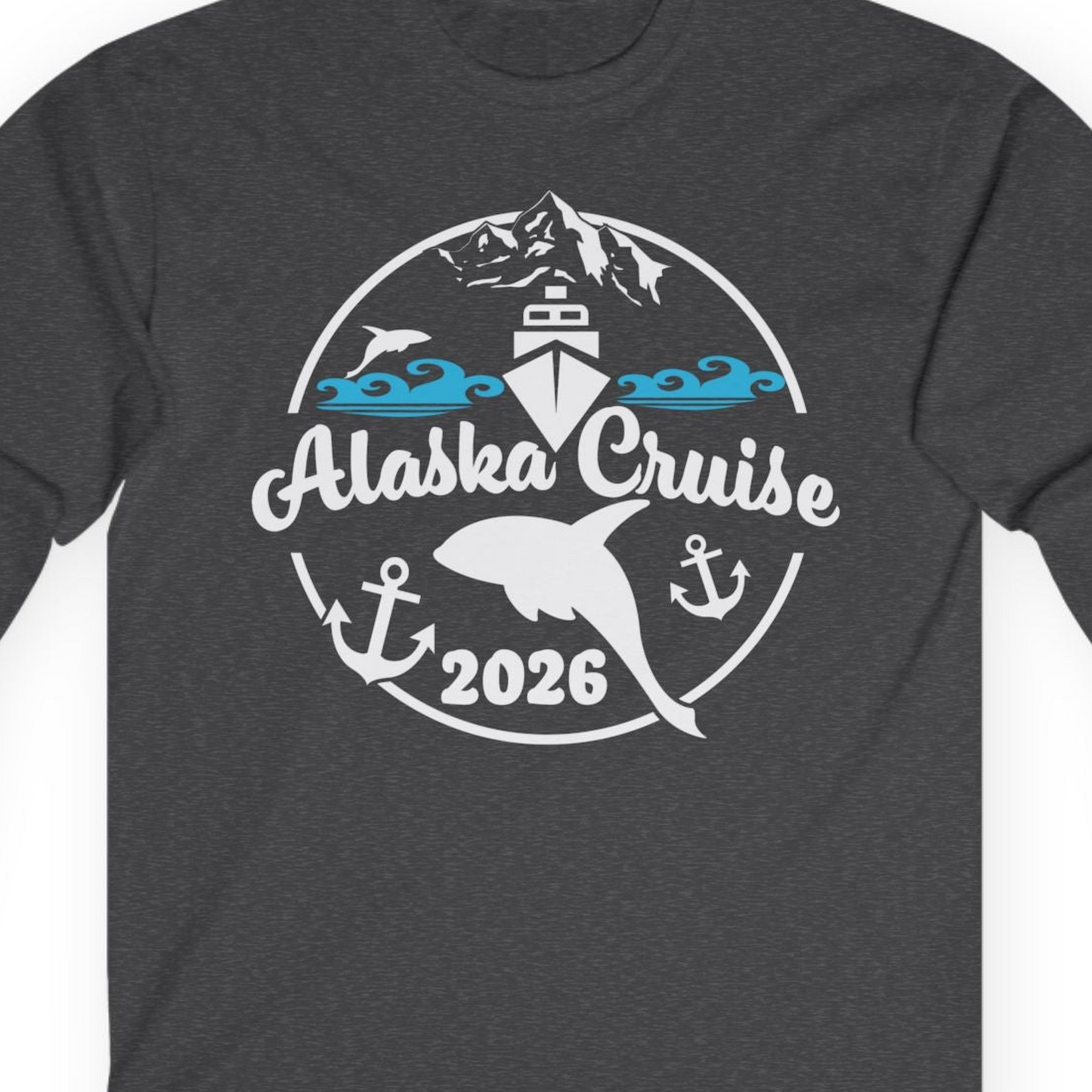 Alaska Cruise 2026 Shirt Long Sleeve Shirt – Dark Heather – Alaska Cruise Shirts Close Up
