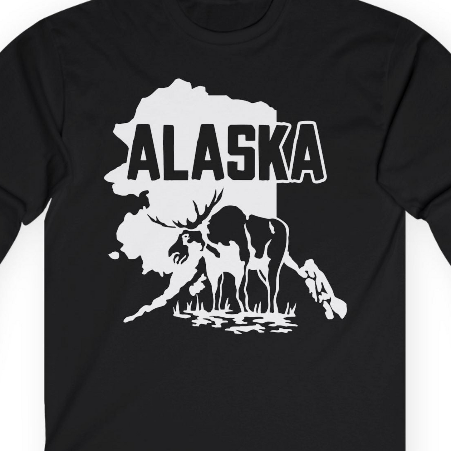 Alaska Moose Silhouette Shirt Long Sleeve Shirt – Black – Alaska Cruise Shirts Close Up