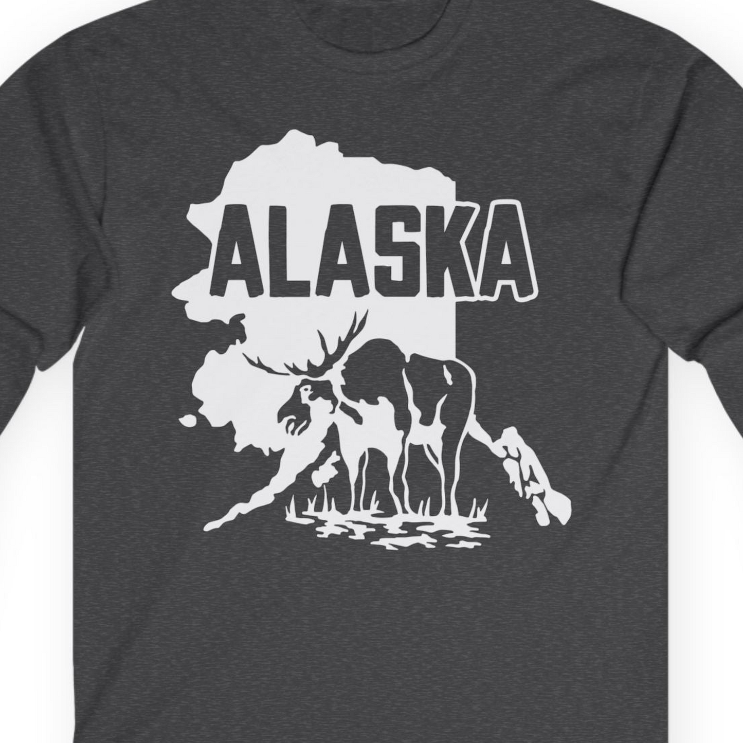 Alaska Moose Silhouette Shirt Long Sleeve Shirt – Dark Heather – Alaska Cruise Shirts Close Up