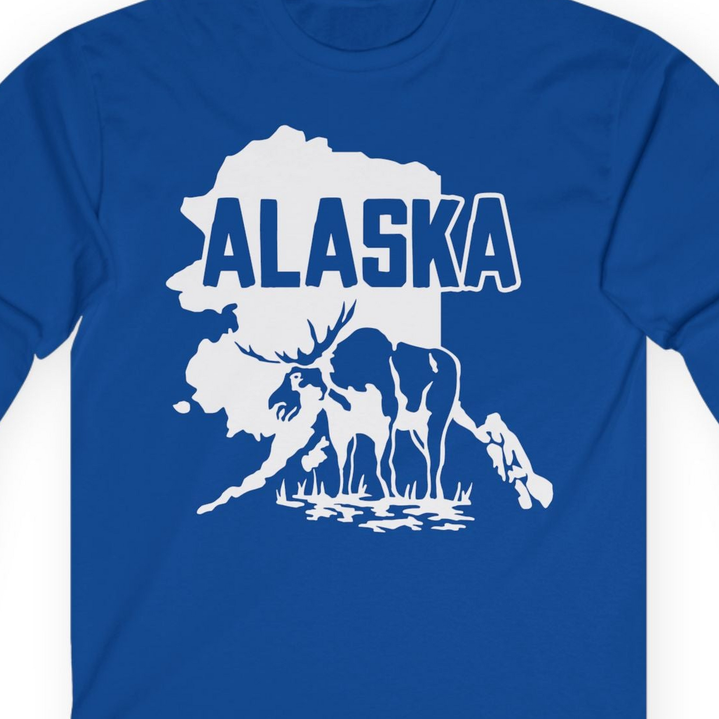 Alaska Moose Silhouette Shirt Long Sleeve Shirt – Royal – Alaska Cruise Shirts Close Up