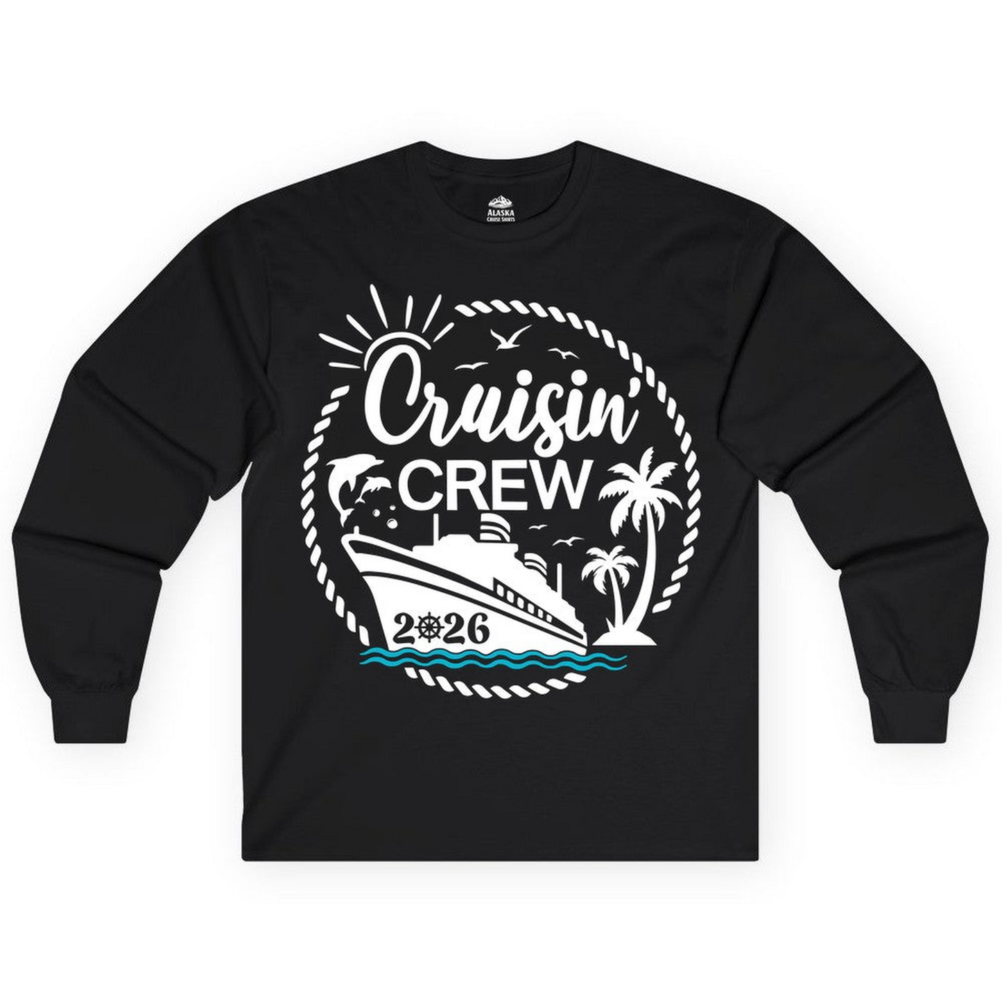 Cruisin Crew Shirt Tropical Family Group Cruise 2026 Caribbean Islands — Long Sleeve Long Sleeve Shirt – Black – Alaska Cruise Shirts Close Up