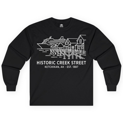 Ketchikan Creek Street Alaska Waterfront and Cruise Ship Shirt — Long Sleeve Long Sleeve Shirt – Black – Alaska Cruise Shirts Close Up