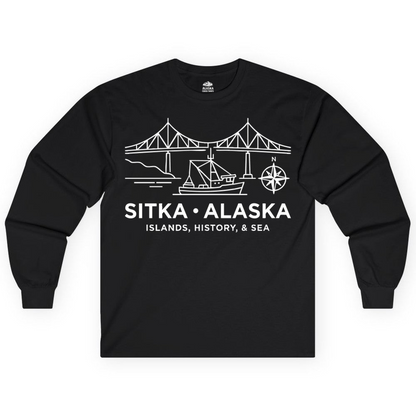 Sitka Alaska Nautical Line Art Shirt Long Sleeve Shirt – Black – Alaska Cruise Shirts Close Up