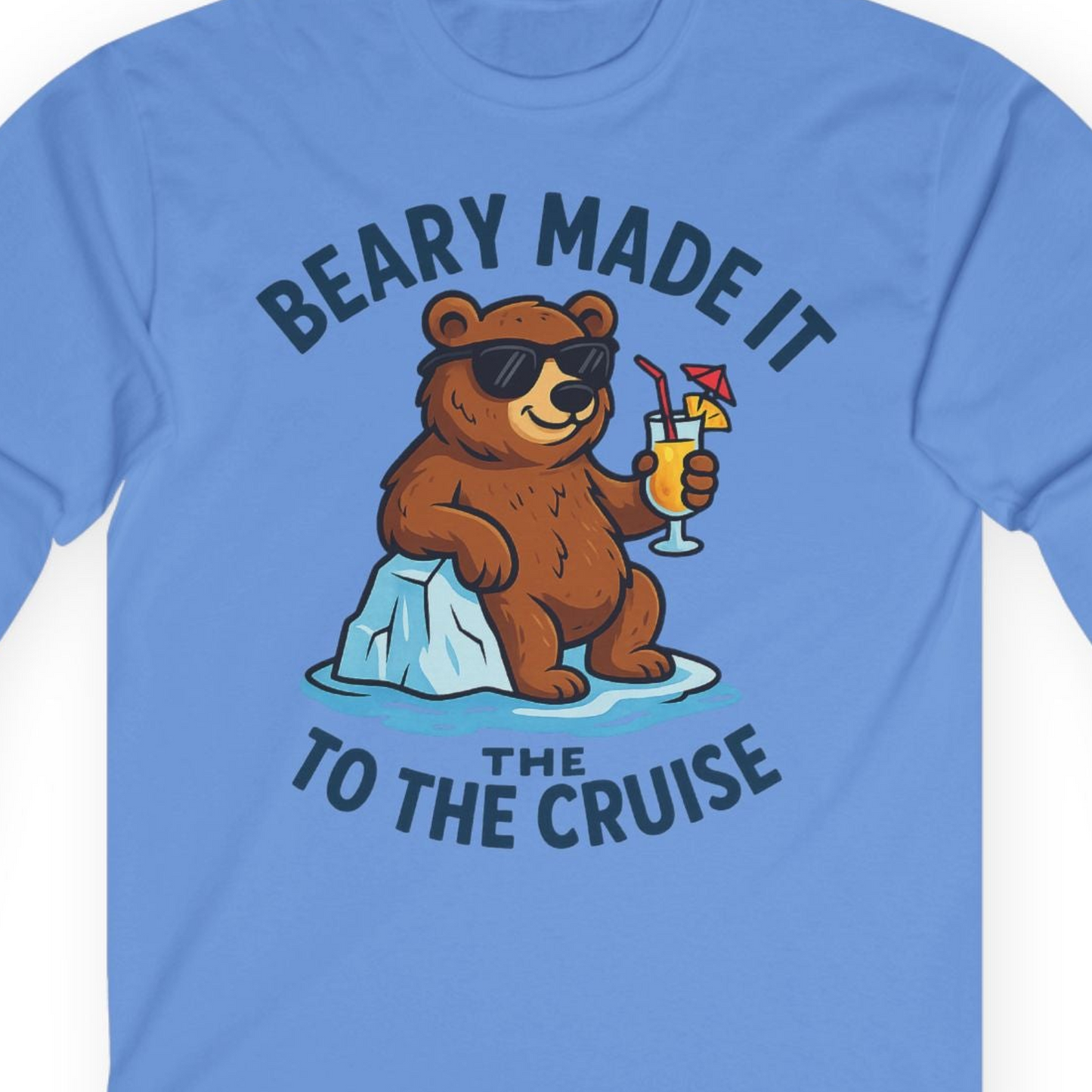 Funny Cruise Bear Shirt Long Sleeve Shirt – Carolina Blue – Alaska Cruise Shirts Close Up