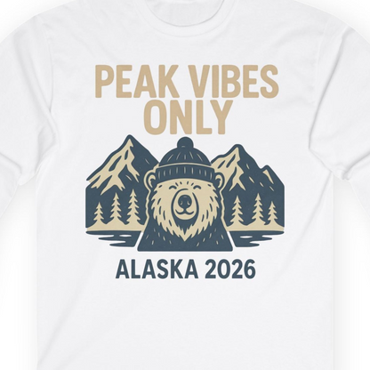 Alaska 2026 Mountain Adventure Bear Long Sleeve Shirt – White – Alaska Cruise Shirts Close Up