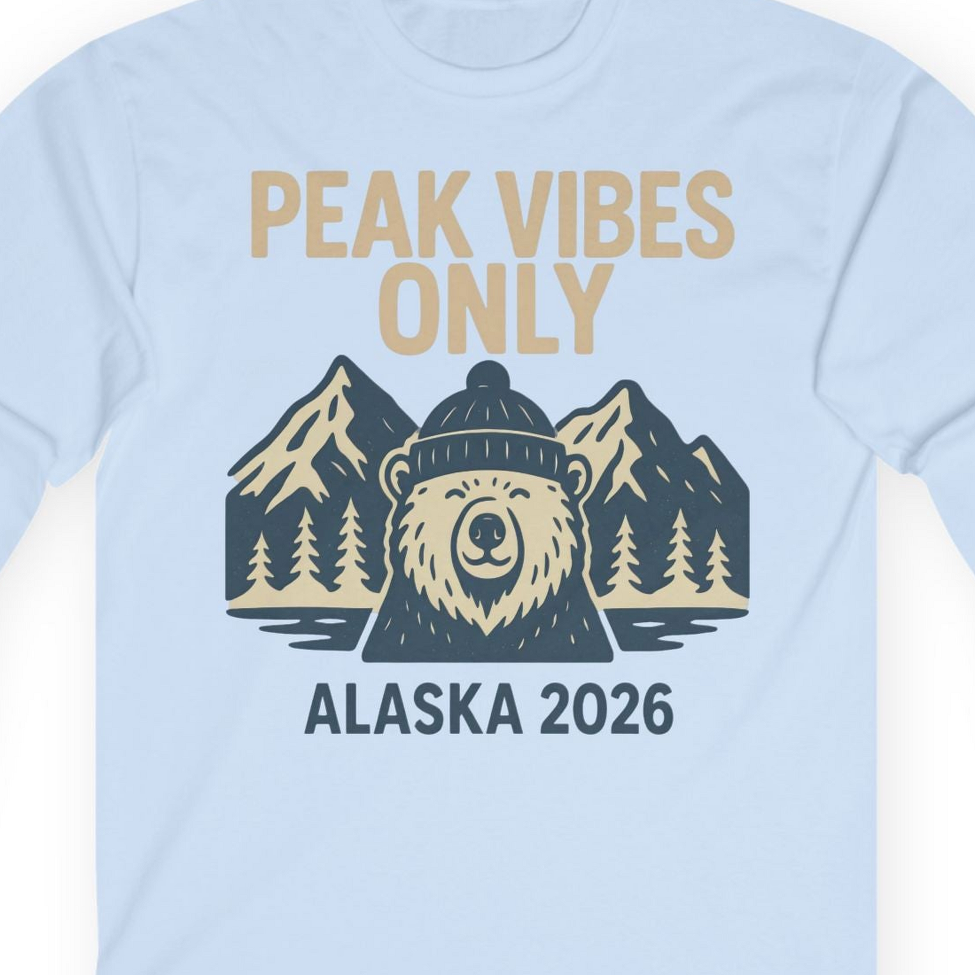 Alaska 2026 Mountain Adventure Bear Long Sleeve Shirt – Light Blue – Alaska Cruise Shirts Close Up
