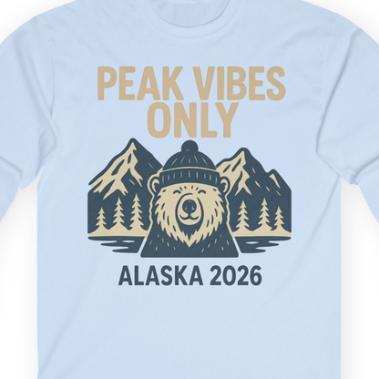 Alaska 2026 Mountain Adventure Bear Long Sleeve Shirt – Light Blue – Alaska Cruise Shirts Close Up