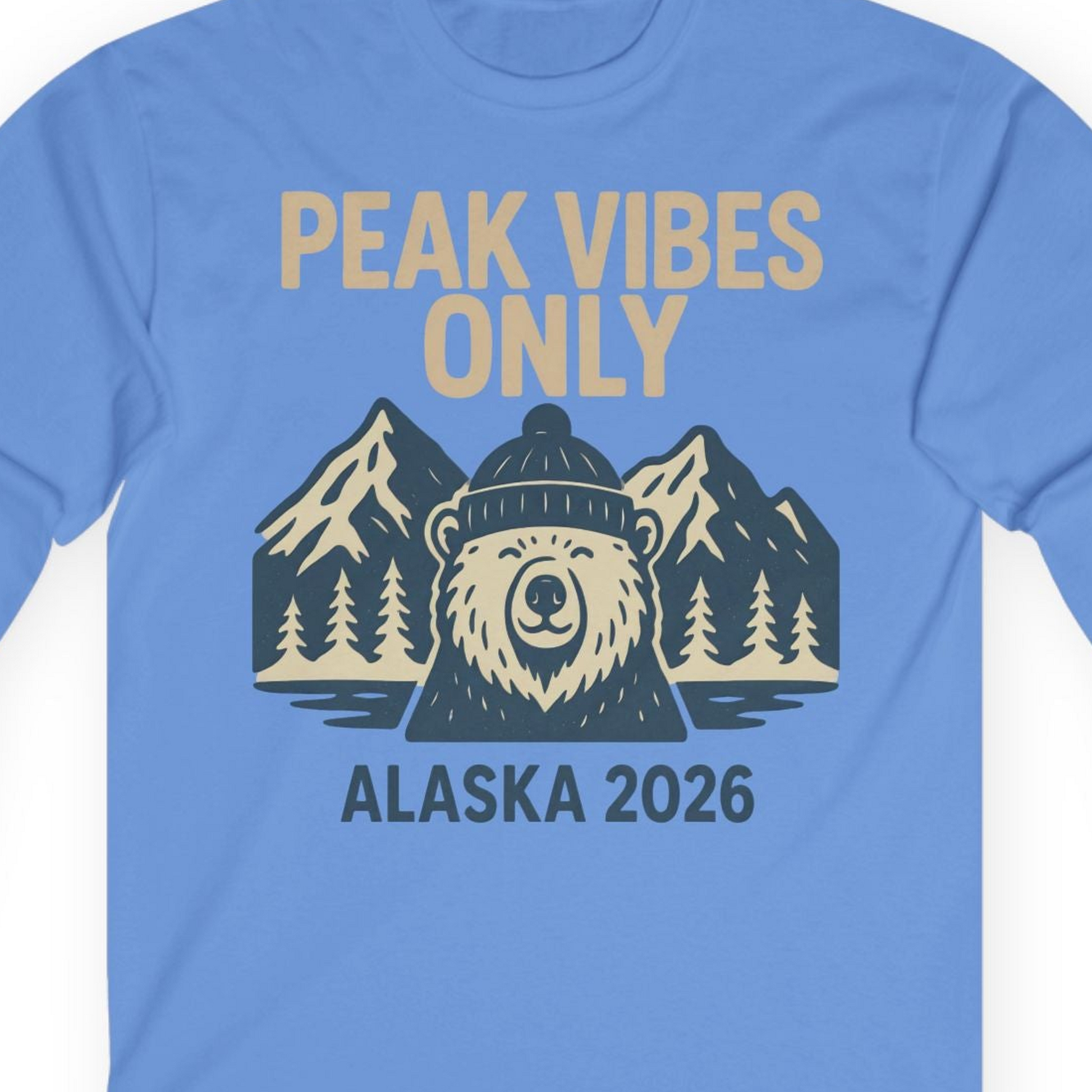 Alaska 2026 Mountain Adventure Bear Long Sleeve Shirt – Carolina Blue – Alaska Cruise Shirts Close Up
