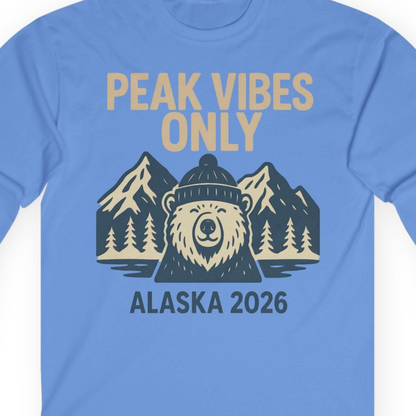 Alaska 2026 Mountain Adventure Bear Long Sleeve Shirt – Carolina Blue – Alaska Cruise Shirts Close Up