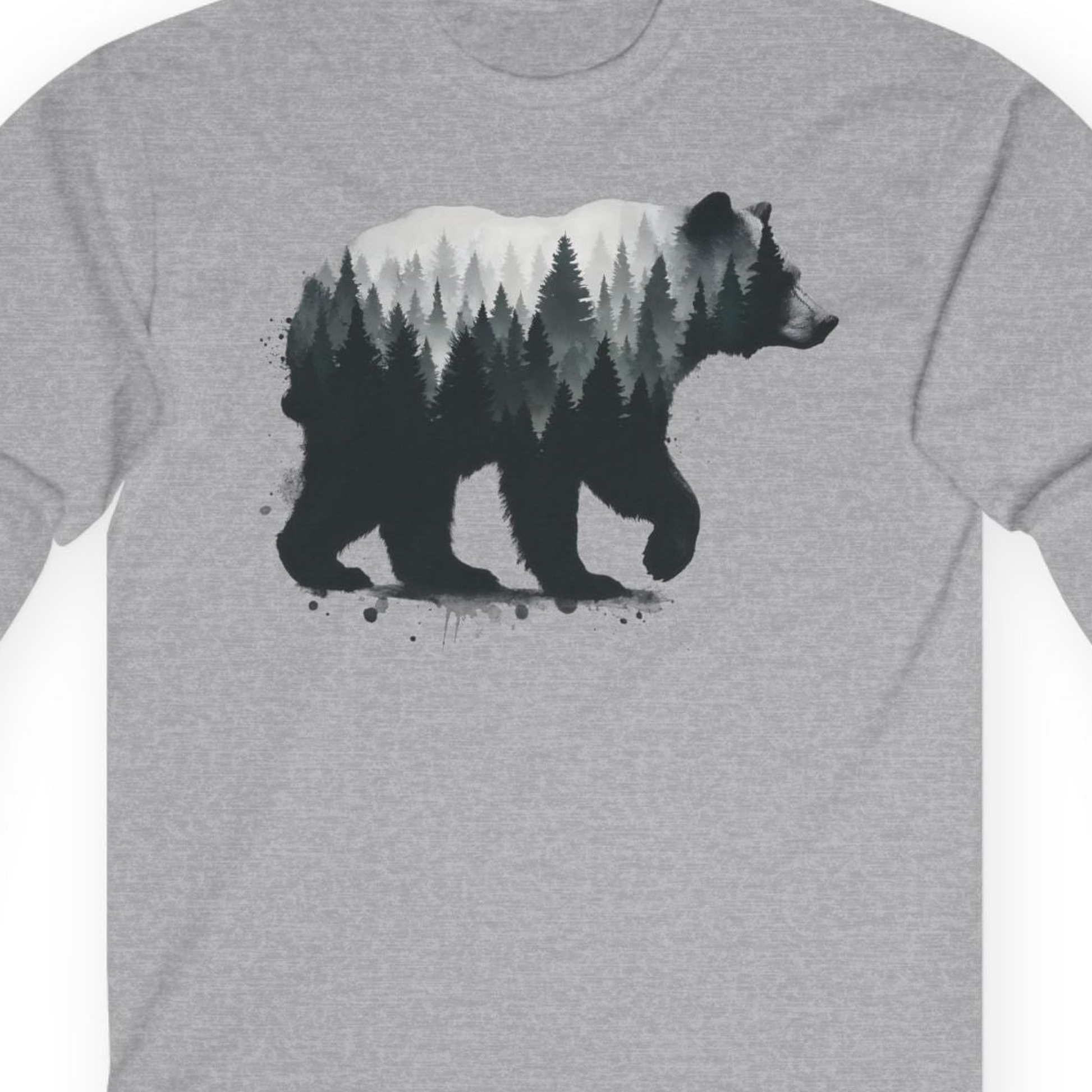 Bear Silhouette Forest Double Exposure Shirt Long Sleeve Shirt – Sport Grey – Alaska Cruise Shirts Close Up