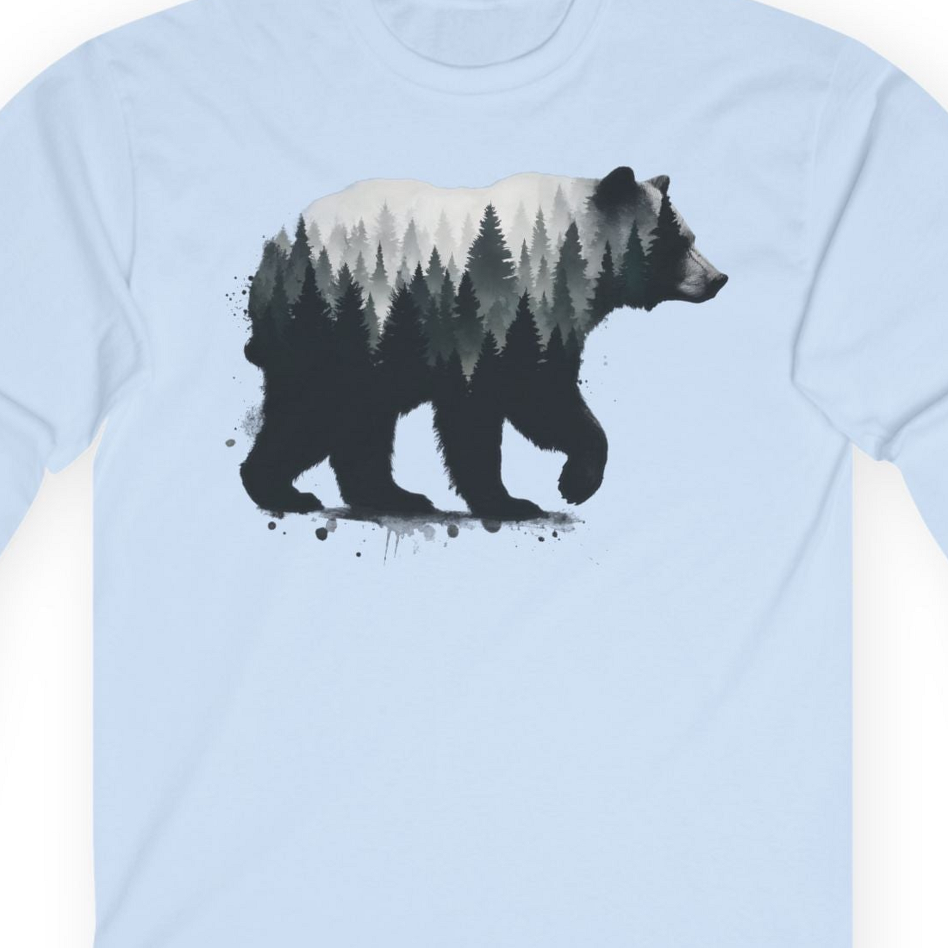 Bear Silhouette Forest Double Exposure Shirt Long Sleeve Shirt – Light Blue – Alaska Cruise Shirts Close Up