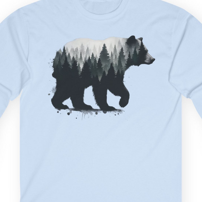 Bear Silhouette Forest Double Exposure Shirt Long Sleeve Shirt – Light Blue – Alaska Cruise Shirts Close Up