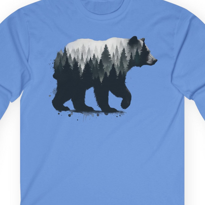 Bear Silhouette Forest Double Exposure Shirt Long Sleeve Shirt – Carolina Blue – Alaska Cruise Shirts Close Up