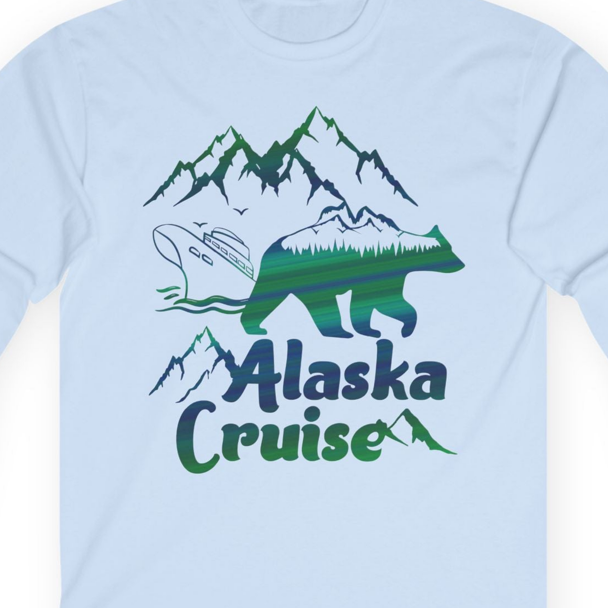 Alaska Cruise Bear Mountains Silhouette Shirt Long Sleeve Shirt – Light Blue – Alaska Cruise Shirts Close Up