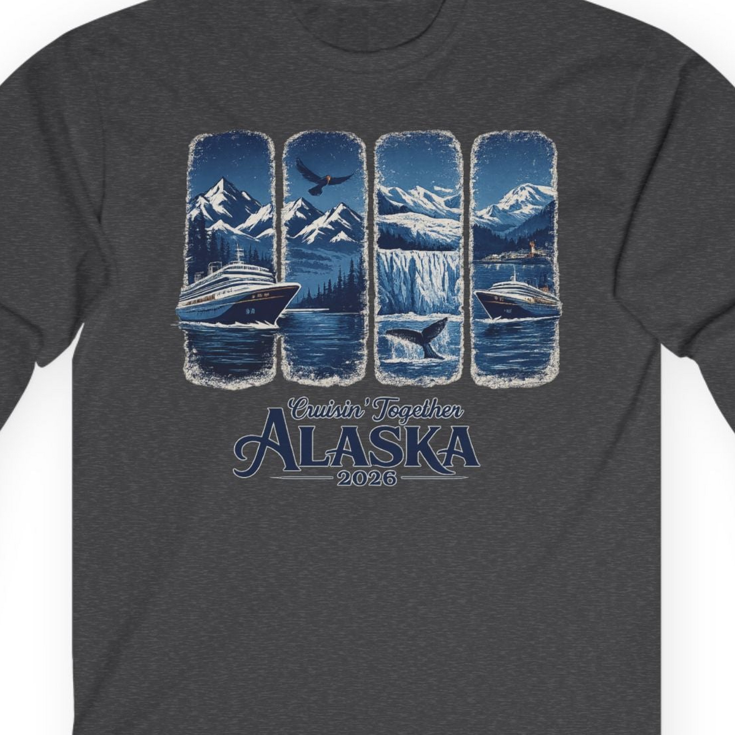 Alaska Cruise Adventure Shirt Long Sleeve Shirt – Dark Heather – Alaska Cruise Shirts Close Up