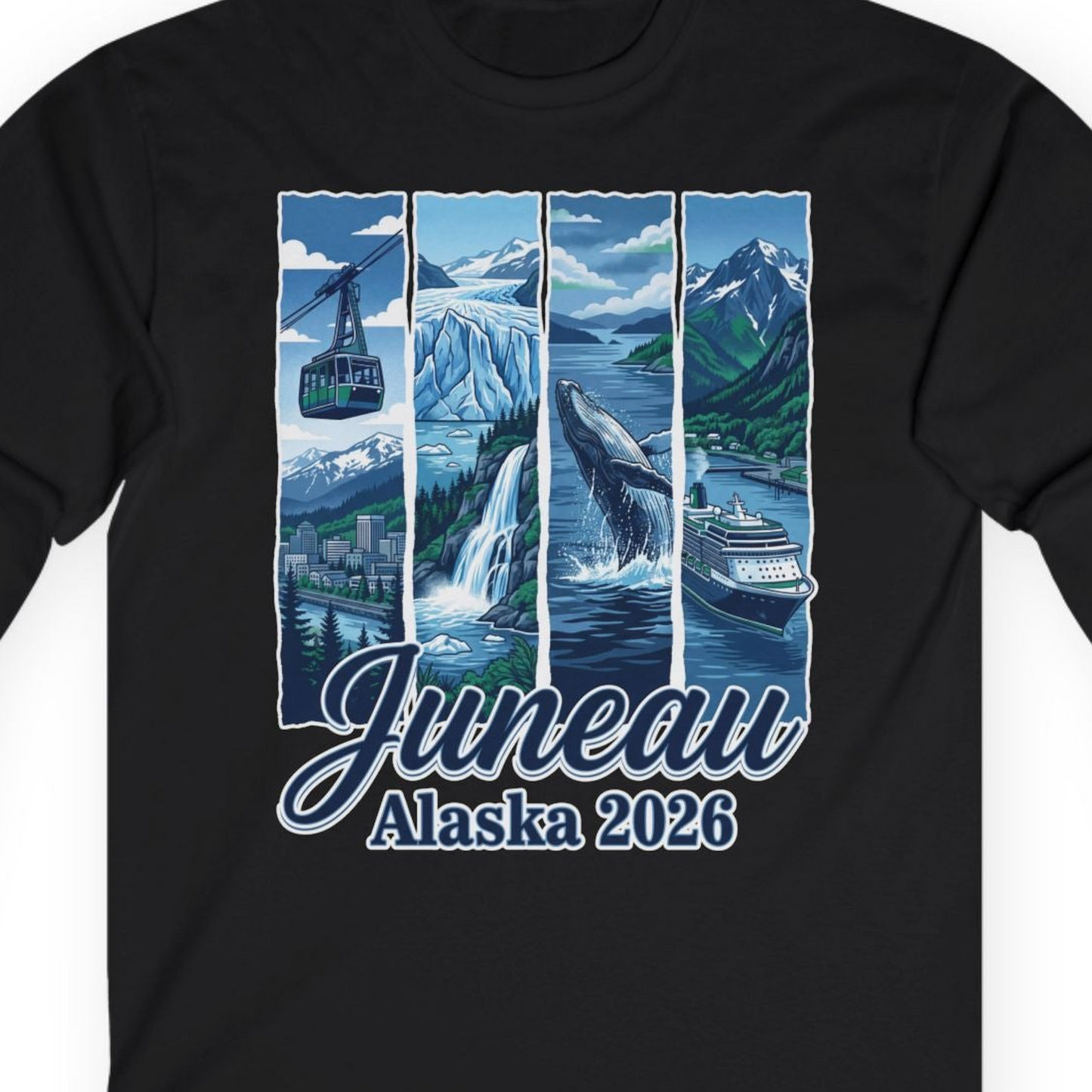 Juneau Alaska 2026 Cruise and Nature Souvenir Shirt — Long Sleeve Long Sleeve Shirt – Black – Alaska Cruise Shirts Close Up