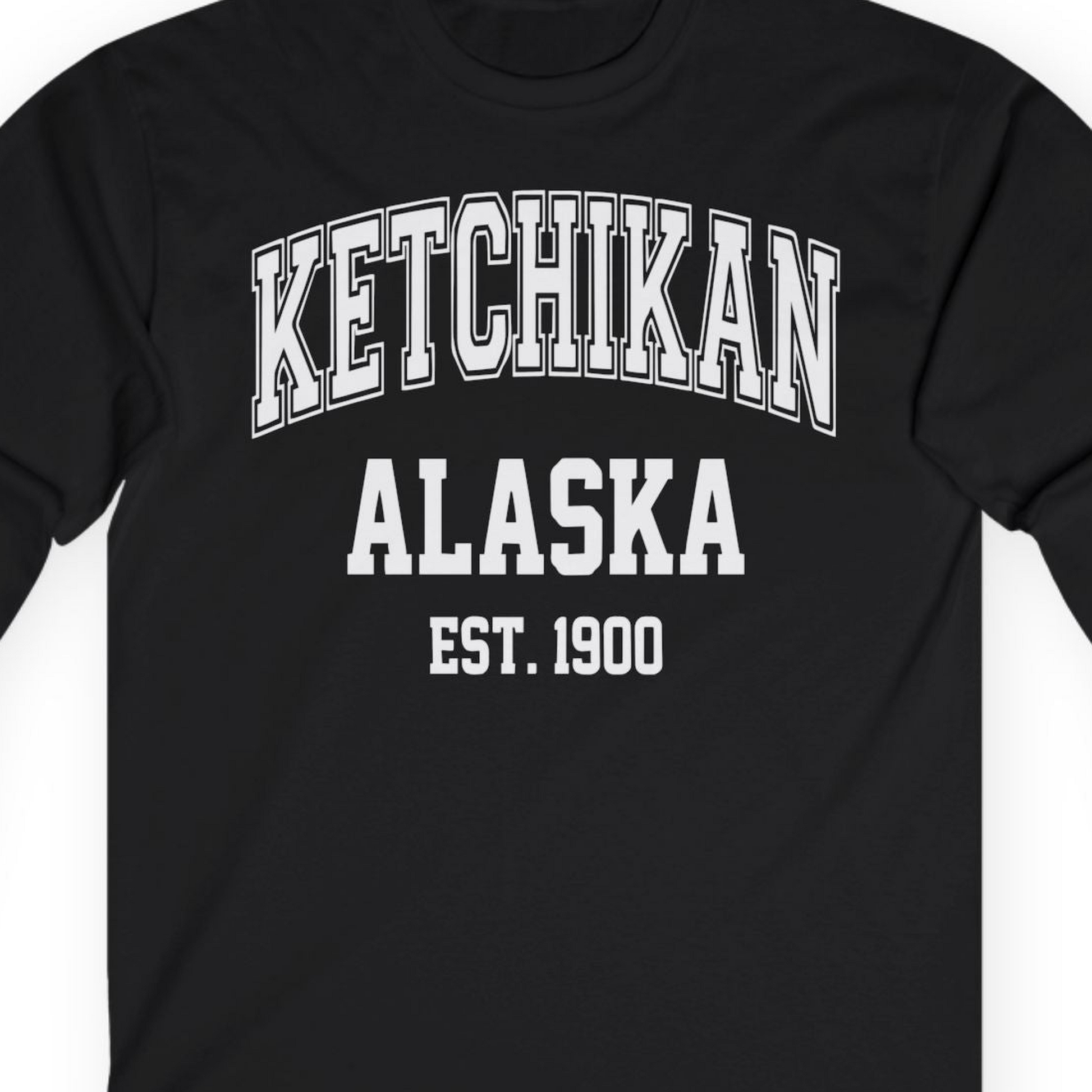 Ketchikan Alaska Collegiate Style Est 1900 Vintage Tee Shirt — Long Sleeve Long Sleeve Shirt – Black – Alaska Cruise Shirts Close Up