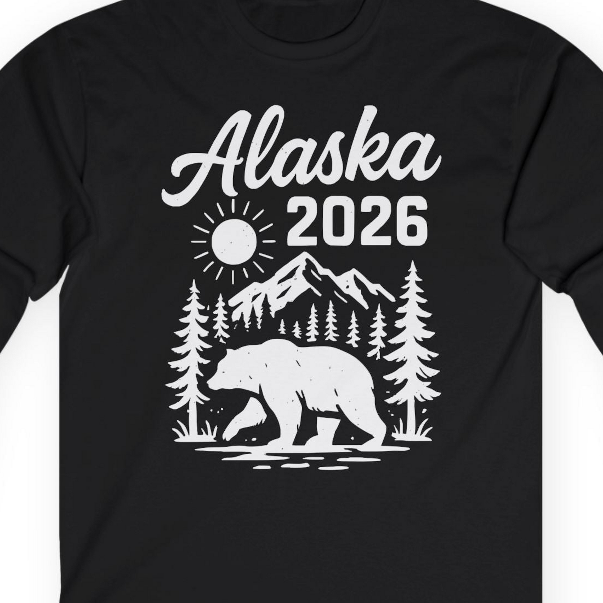 Alaska 2026 Bear and Mountains Nature Adventure Shirt — Long Sleeve Long Sleeve Shirt – Black – Alaska Cruise Shirts Close Up