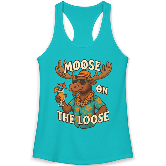 Moose On The Loose Funny Tropical Cartoon Vacation Shirt — Ladies Tank Ladies Tank Top – Alaska Cruise Shirts