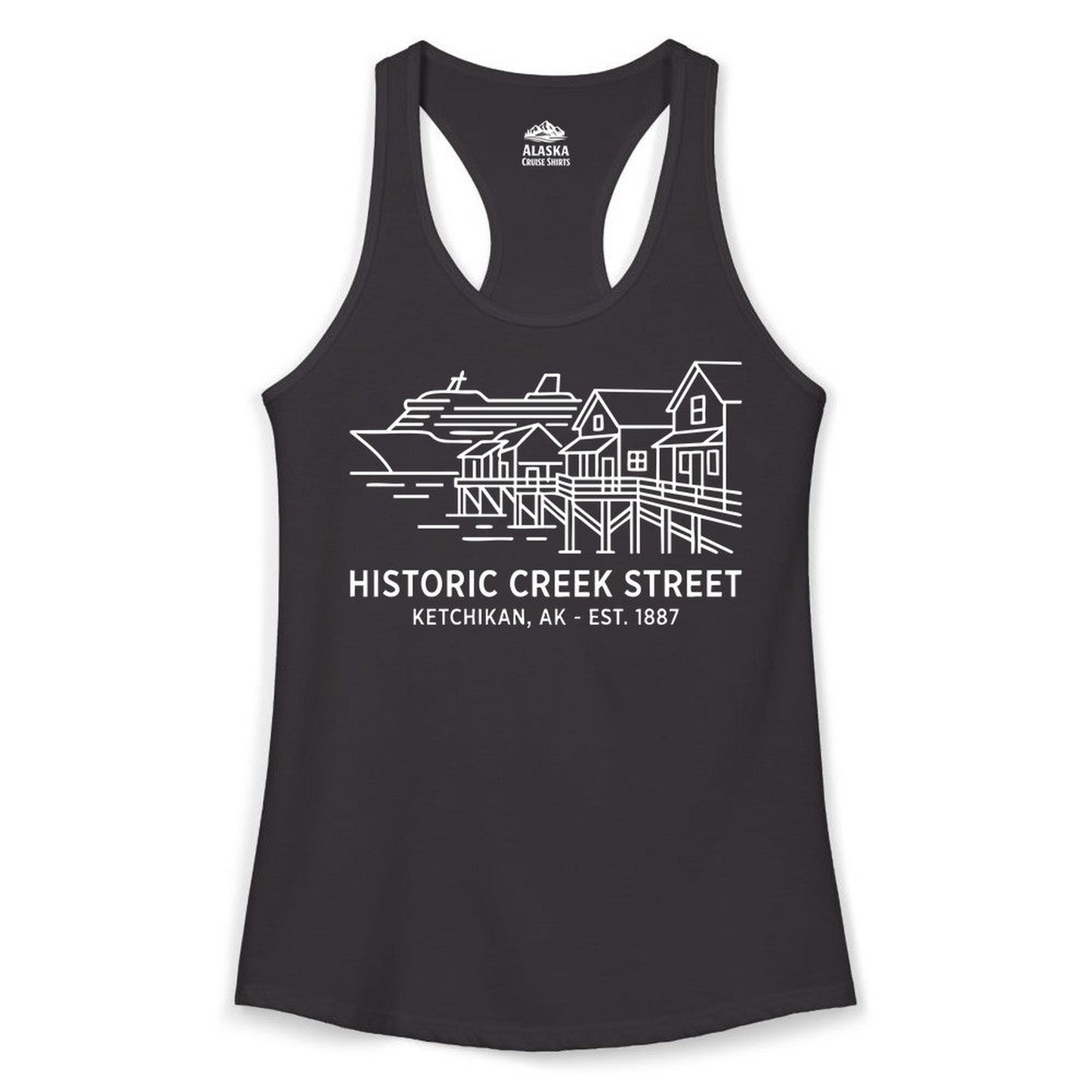 Ketchikan Creek Street Alaska Waterfront and Cruise Ship Shirt — Ladies Tank Ladies Tank Top – Alaska Cruise Shirts