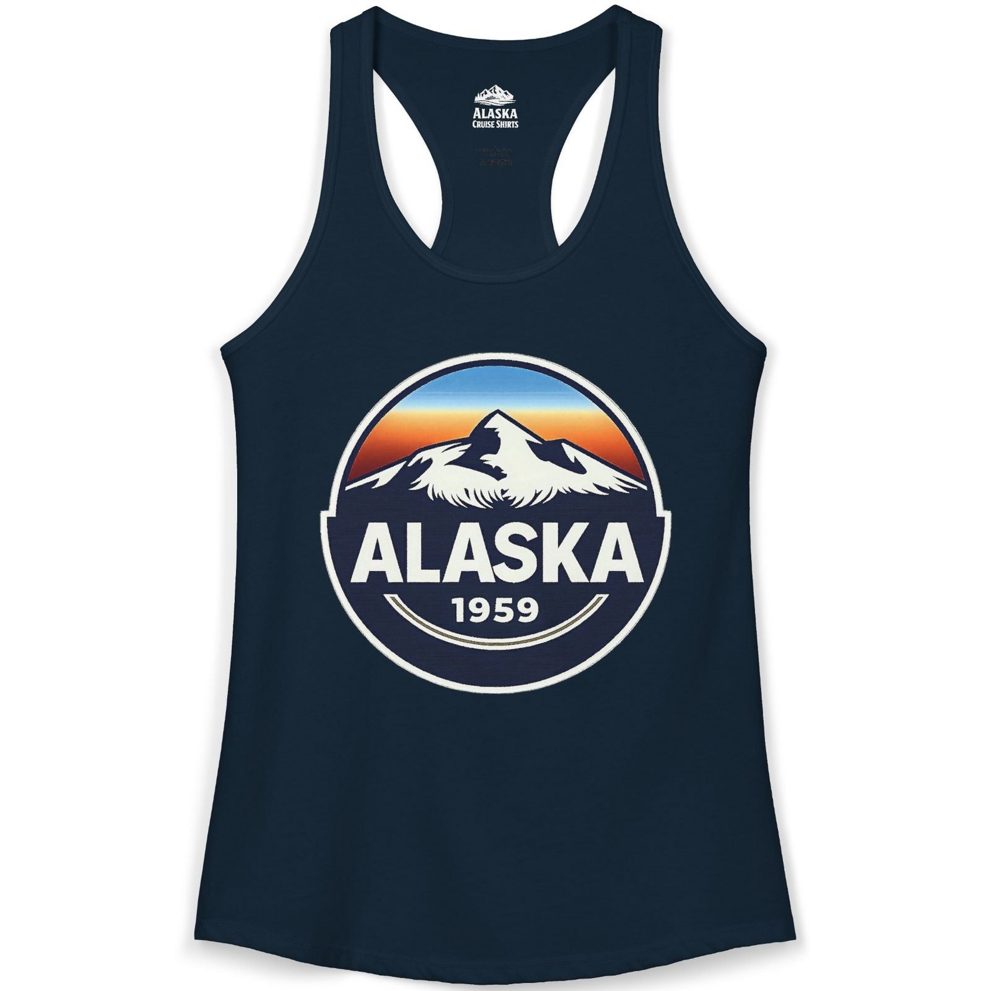 Alaska 1959 Retro Mountain Sunset Badge Shirt Vintage Statehood Tee — Ladies Tank Ladies Tank Top – Alaska Cruise Shirts