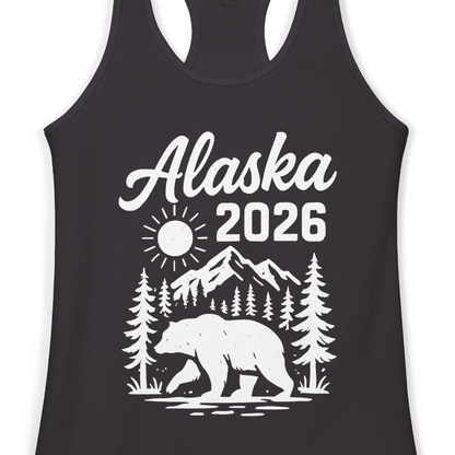 Alaska 2026 Bear and Mountains Nature Adventure Shirt — Ladies Tank Ladies Tank Top – Alaska Cruise Shirts Close Up