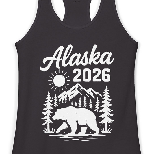 Alaska 2026 Bear and Mountains Nature Adventure Shirt — Ladies Tank Ladies Tank Top – Alaska Cruise Shirts Close Up