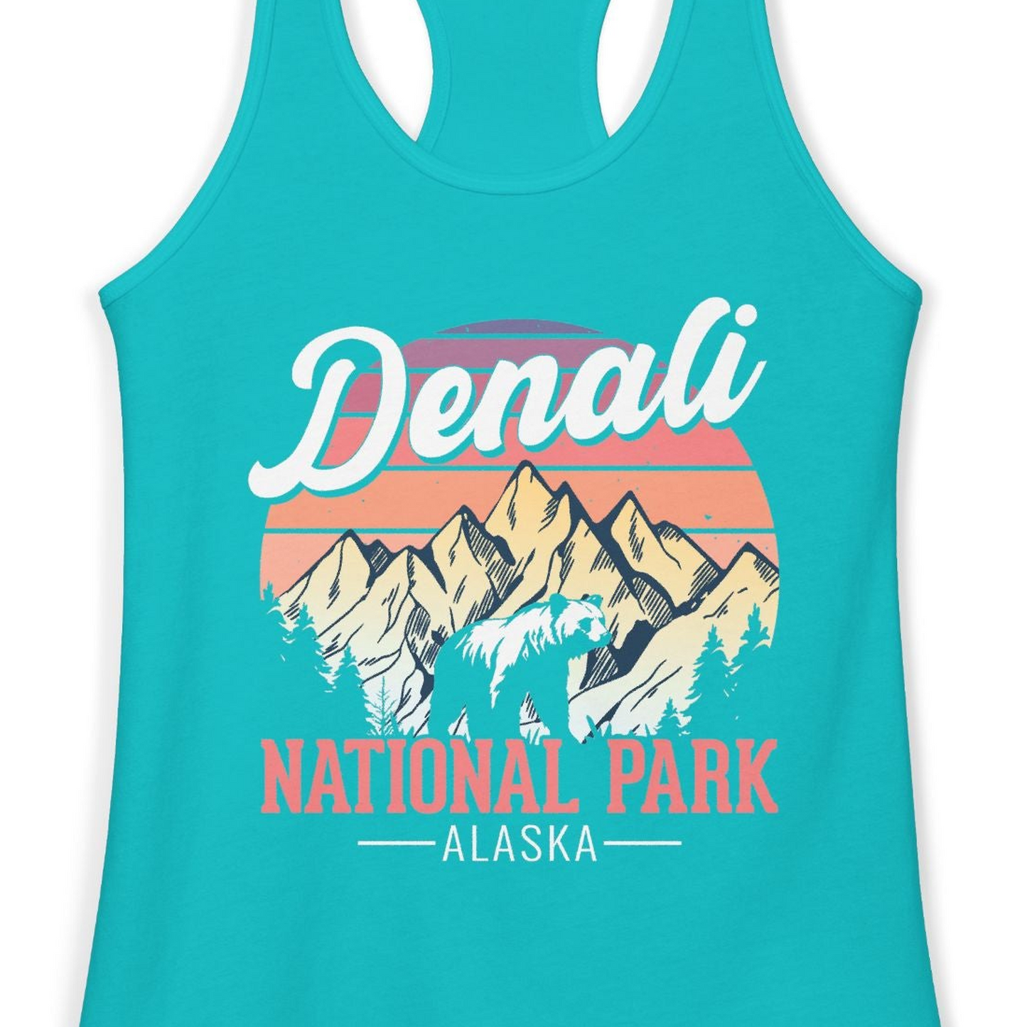 Retro Denali National Park Alaska Bear Mountains Vintage Shirt — Ladies Tank Ladies Tank Top – Alaska Cruise Shirts Close Up