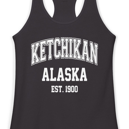 Ketchikan Alaska Collegiate Style Est 1900 Vintage Tee Shirt — Ladies Tank Ladies Tank Top – Alaska Cruise Shirts Close Up