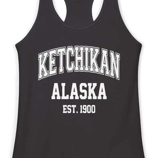 Ketchikan Alaska Collegiate Style Est 1900 Vintage Tee Shirt — Ladies Tank Ladies Tank Top – Alaska Cruise Shirts Close Up