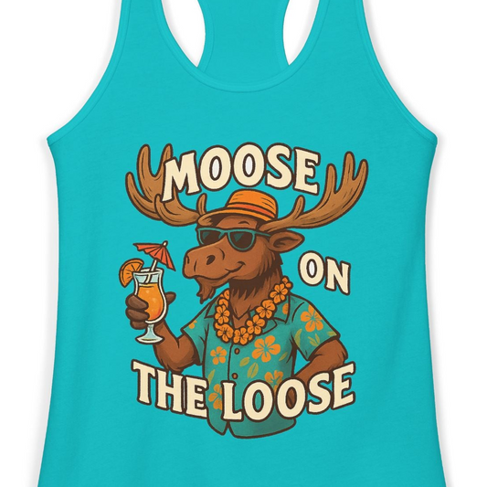 Moose On The Loose Funny Tropical Cartoon Vacation Shirt — Ladies Tank Ladies Tank Top – Alaska Cruise Shirts Close Up