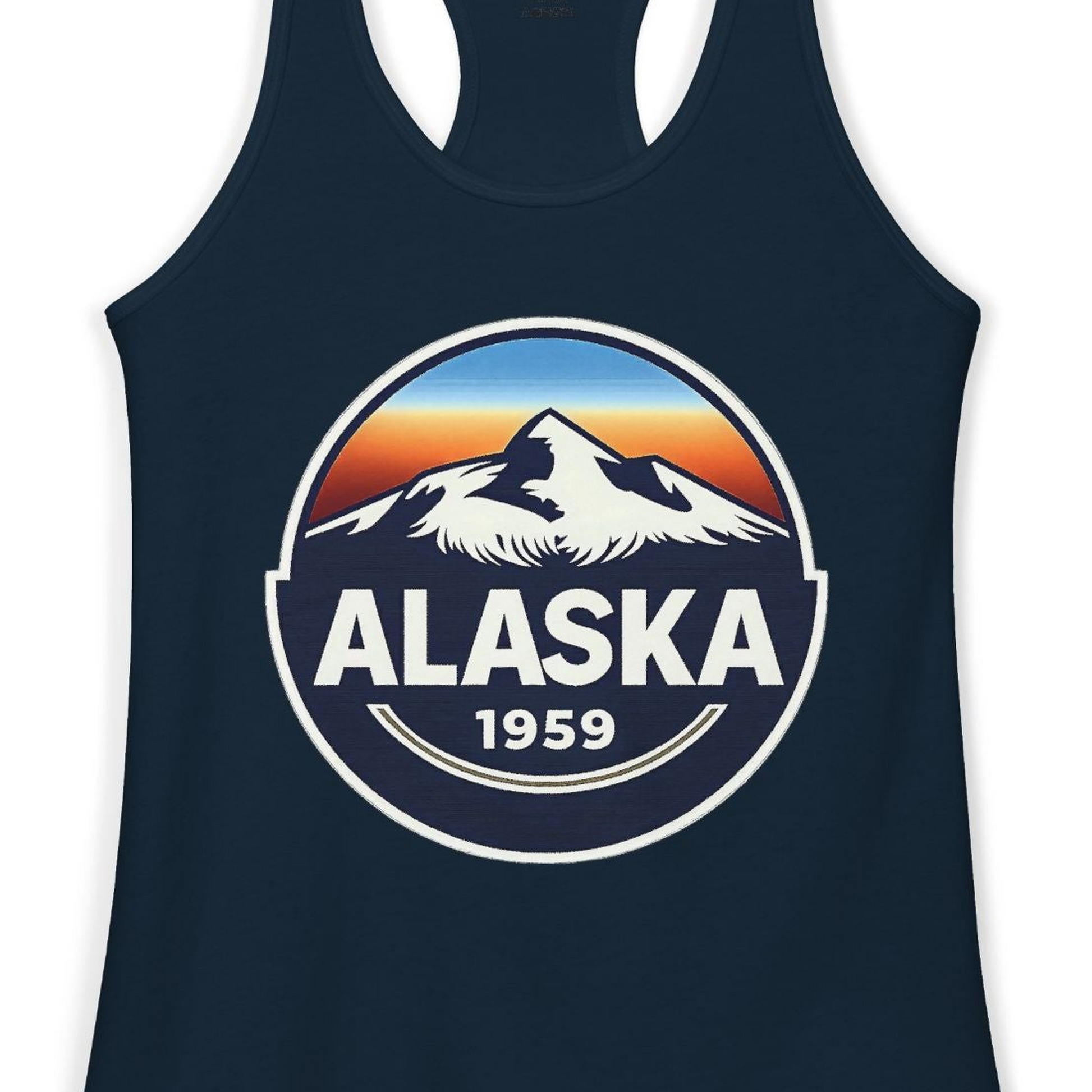 Alaska 1959 Retro Mountain Sunset Badge Shirt Vintage Statehood Tee — Ladies Tank Ladies Tank Top – Alaska Cruise Shirts Close Up