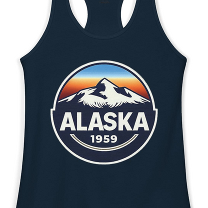 Alaska 1959 Retro Mountain Sunset Badge Shirt Vintage Statehood Tee — Ladies Tank Ladies Tank Top – Alaska Cruise Shirts Close Up
