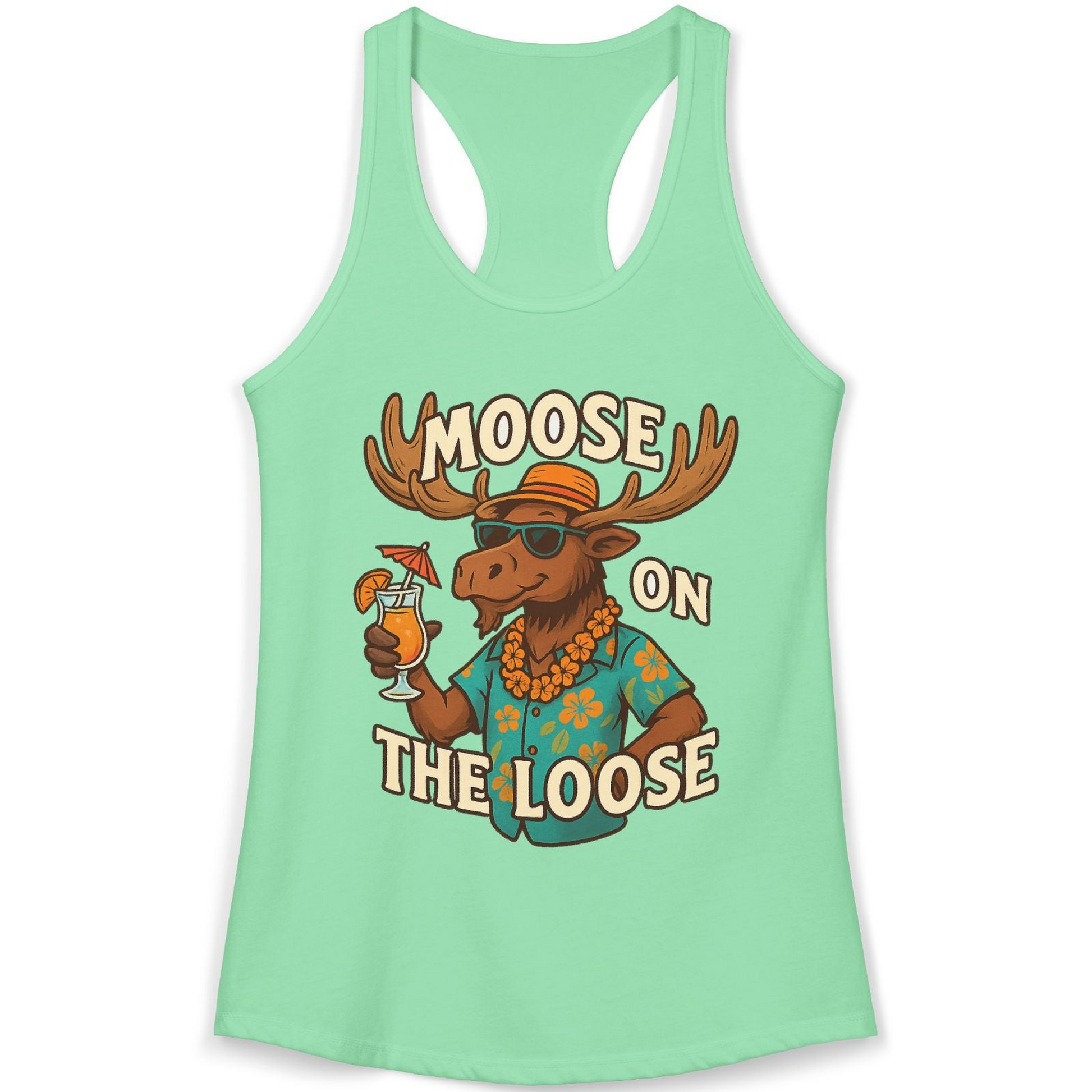 Moose On The Loose Funny Tropical Cartoon Vacation Shirt — Ladies Tank Ladies Tank Top – Solid Mint – Alaska Cruise Shirts