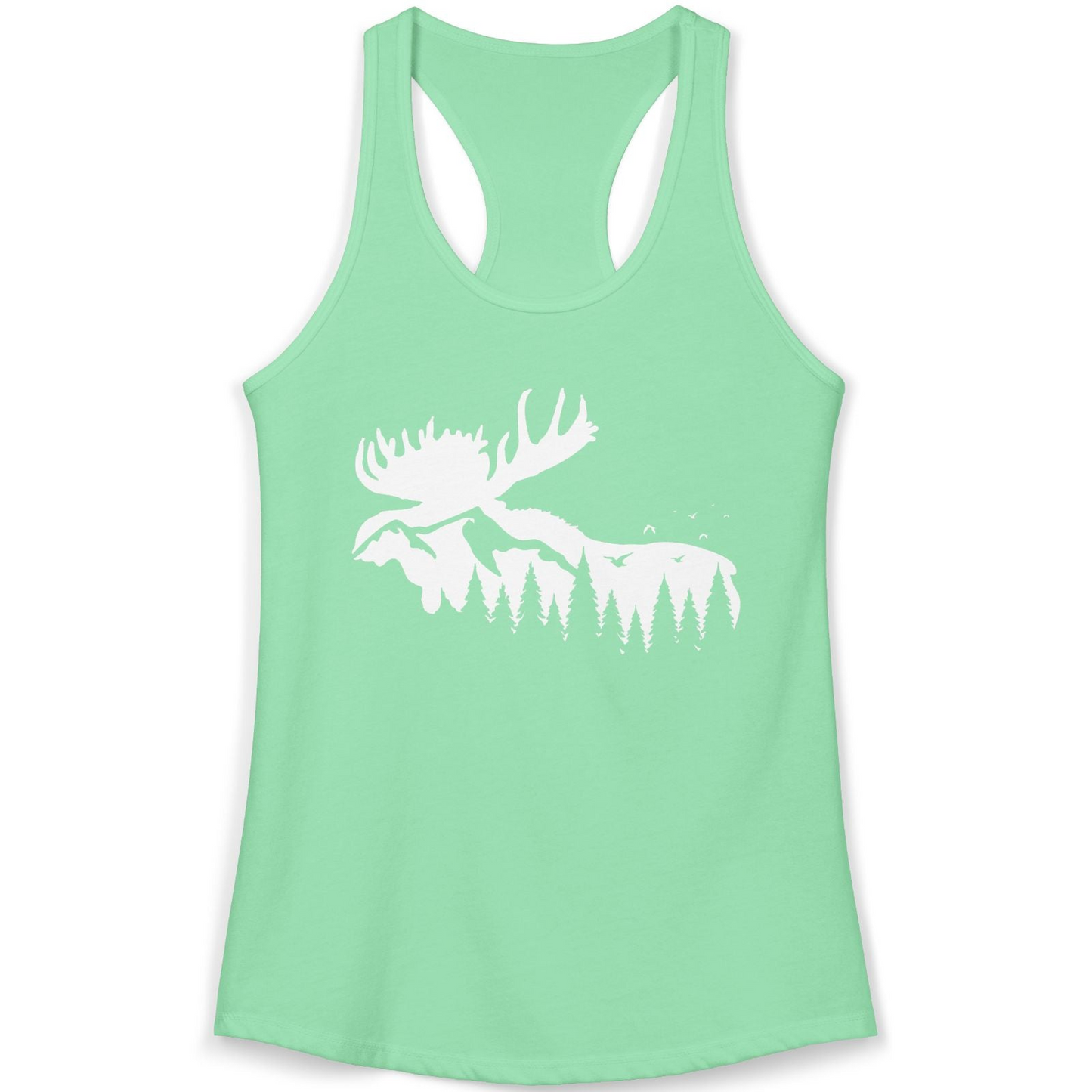 Moose Silhouette Forest Scene Shirt Ladies Tank Top – Solid Mint – Alaska Cruise Shirts