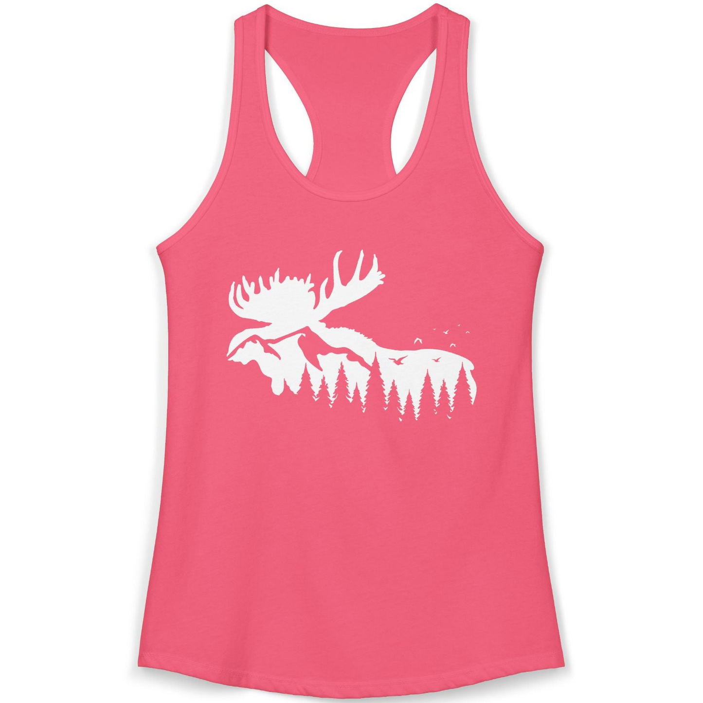 Moose Silhouette Forest Scene Shirt Ladies Tank Top – Hot Pink – Alaska Cruise Shirts