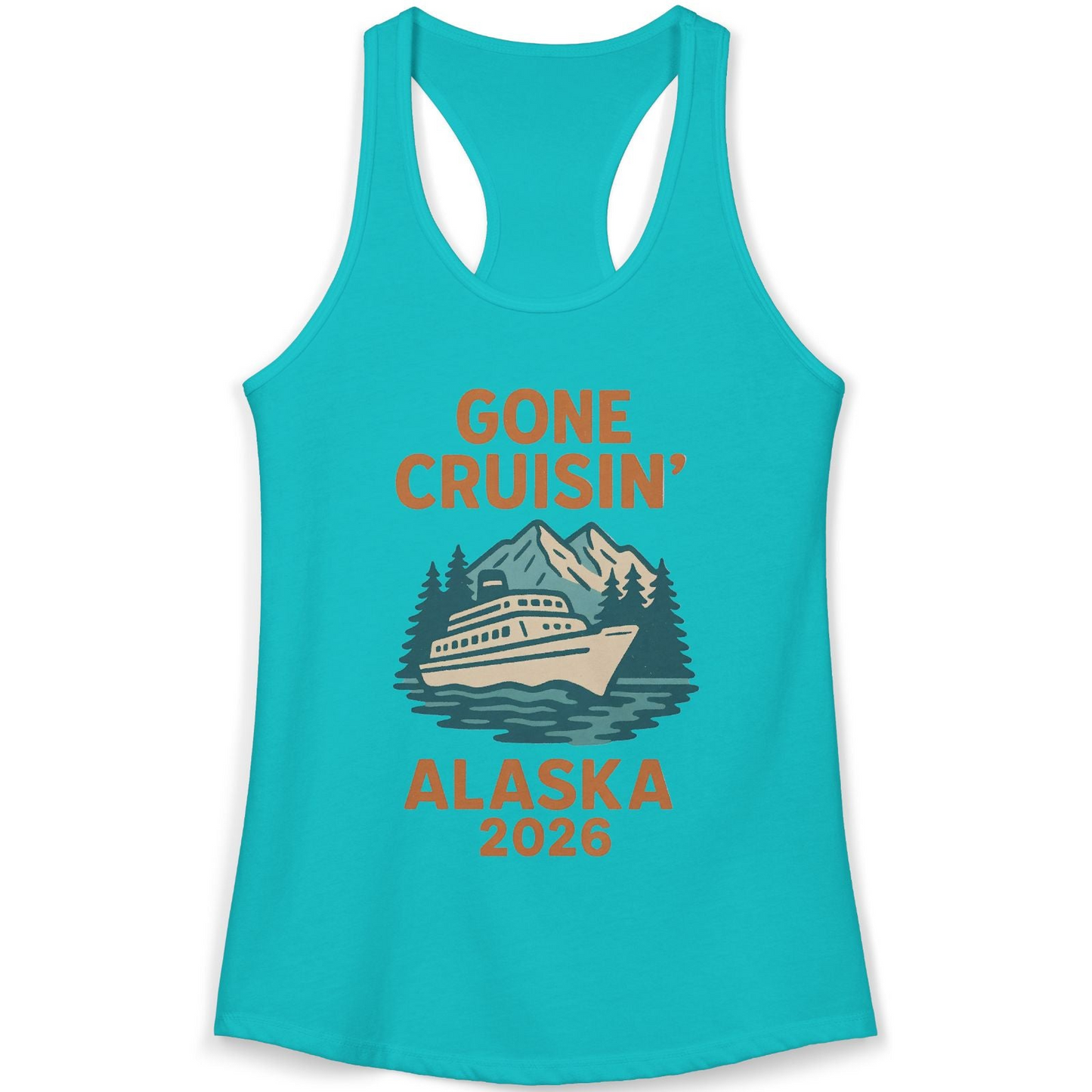 Gone Cruisin Alaska 2026 Retro Cruise Ship Nature Scenery Shirt — Ladies Tank Ladies Tank Top – Tahiti Blue – Alaska Cruise Shirts