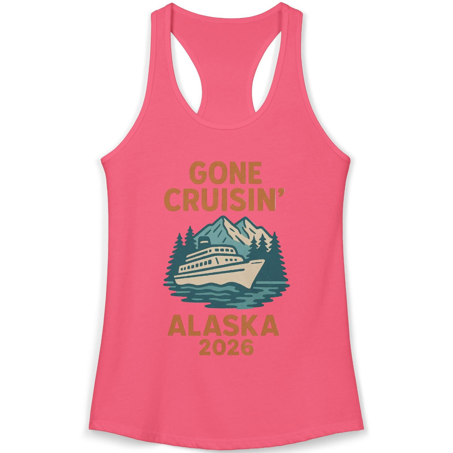 Gone Cruisin Alaska 2026 Retro Cruise Ship Nature Scenery Shirt — Ladies Tank Ladies Tank Top – Hot Pink – Alaska Cruise Shirts