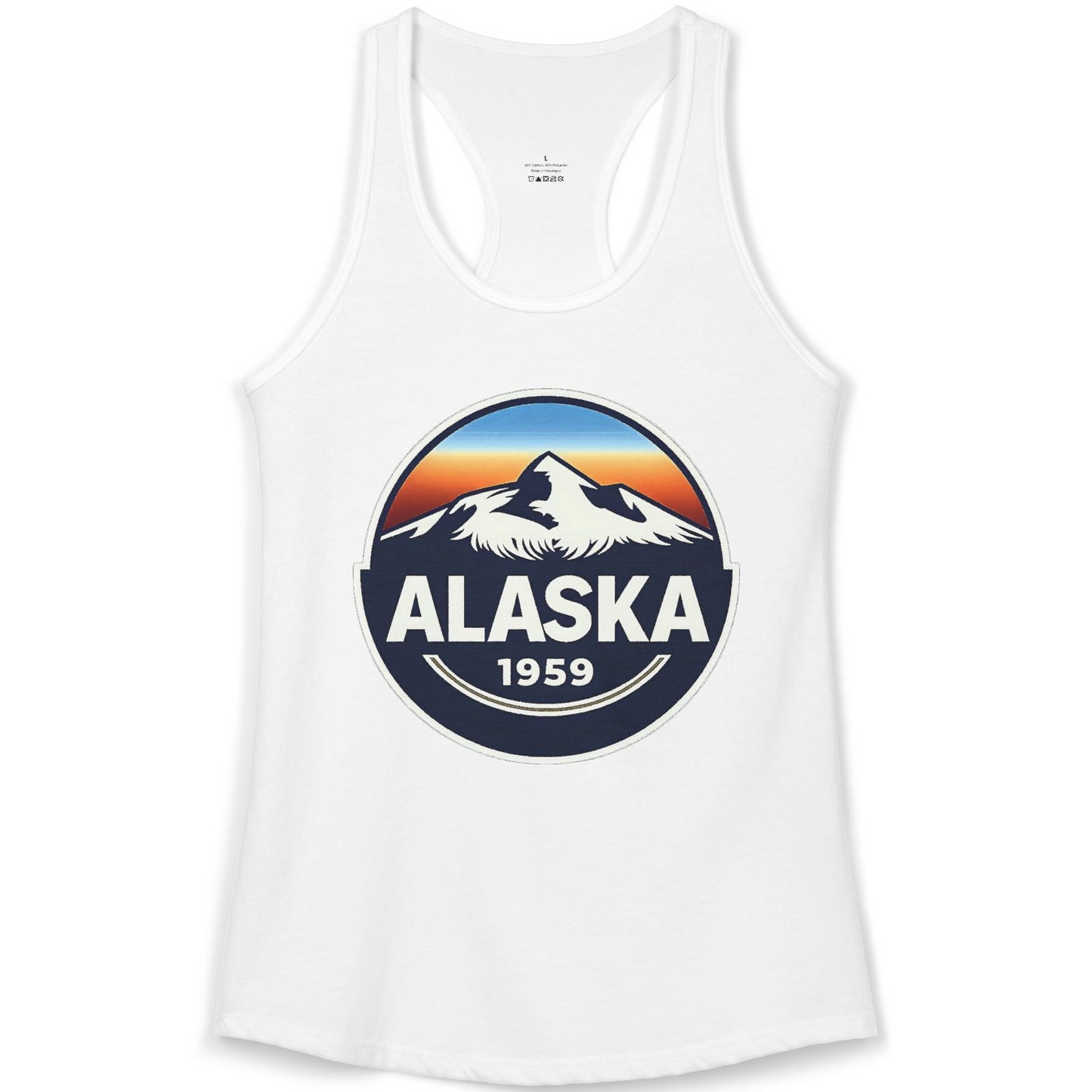 Alaska 1959 Retro Mountain Sunset Badge Shirt Vintage Statehood Tee — Ladies Tank Ladies Tank Top – White – Alaska Cruise Shirts