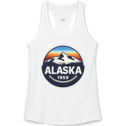 Alaska 1959 Retro Mountain Sunset Badge Shirt Vintage Statehood Tee — Ladies Tank Ladies Tank Top – White – Alaska Cruise Shirts