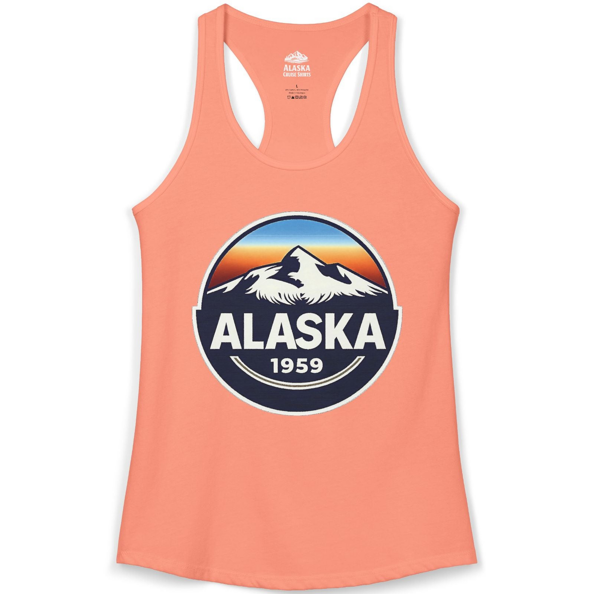 Alaska 1959 Retro Mountain Sunset Badge Shirt Vintage Statehood Tee — Ladies Tank Ladies Tank Top – Solid Light Orange – Alaska Cruise Shirts