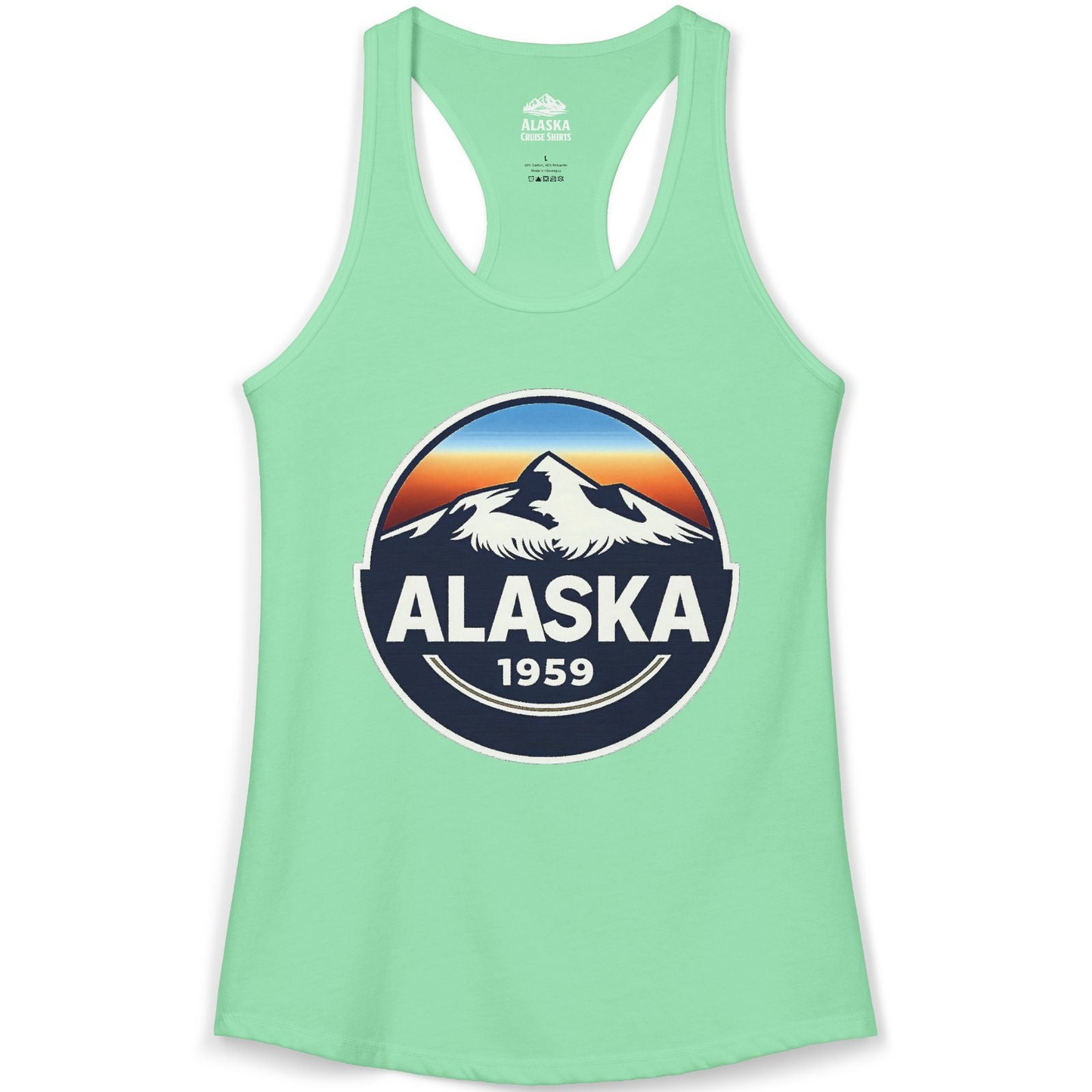 Alaska 1959 Retro Mountain Sunset Badge Shirt Vintage Statehood Tee — Ladies Tank Ladies Tank Top – Solid Mint – Alaska Cruise Shirts