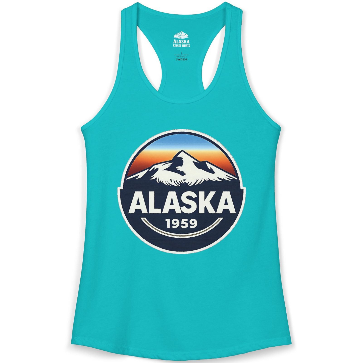 Alaska 1959 Retro Mountain Sunset Badge Shirt Vintage Statehood Tee — Ladies Tank Ladies Tank Top – Tahiti Blue – Alaska Cruise Shirts