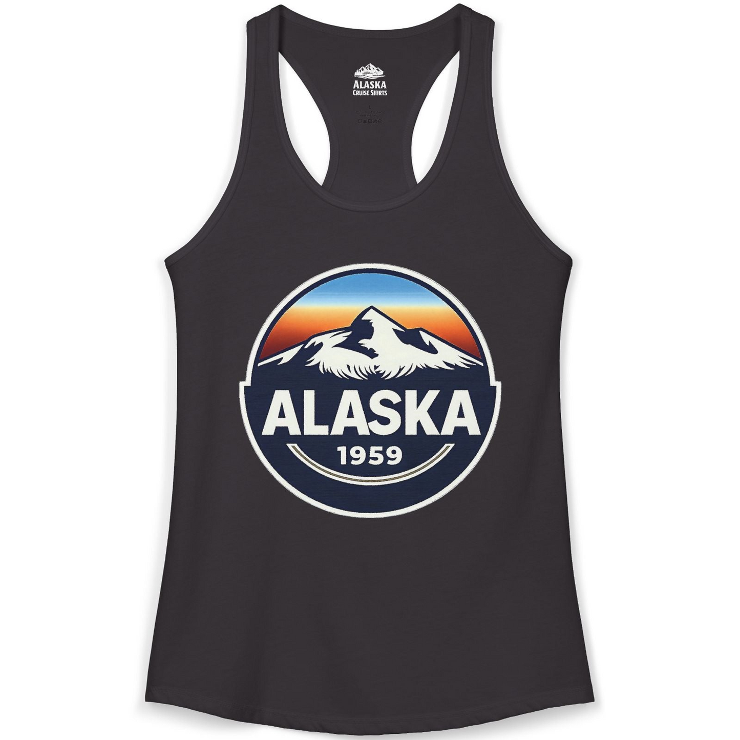 Alaska 1959 Retro Mountain Sunset Badge Shirt Vintage Statehood Tee — Ladies Tank Ladies Tank Top – Black – Alaska Cruise Shirts