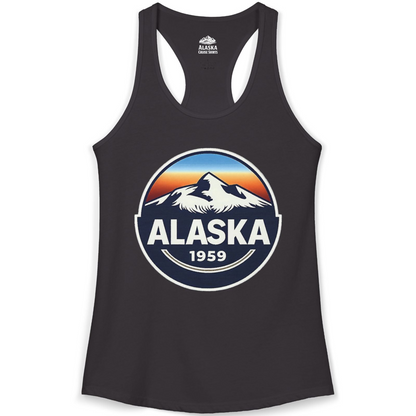 Alaska 1959 Retro Mountain Sunset Badge Shirt Vintage Statehood Tee — Ladies Tank Ladies Tank Top – Black – Alaska Cruise Shirts
