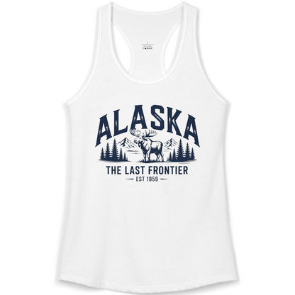 Alaska The Last Frontier Moose Mountain Wilderness Graphic Shirt — Ladies Tank Ladies Tank Top – White – Alaska Cruise Shirts