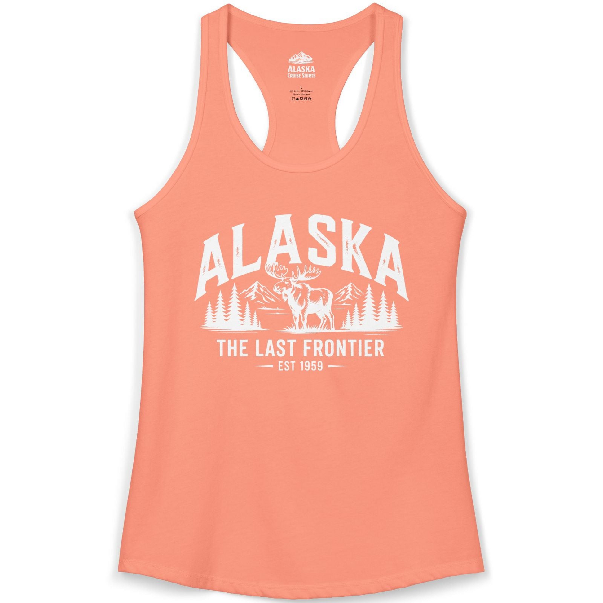 Alaska The Last Frontier Moose Mountain Wilderness Graphic Shirt — Ladies Tank Ladies Tank Top – Solid Light Orange – Alaska Cruise Shirts