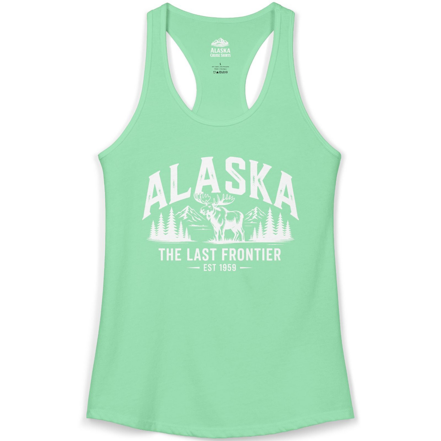 Alaska The Last Frontier Moose Mountain Wilderness Graphic Shirt — Ladies Tank Ladies Tank Top – Solid Mint – Alaska Cruise Shirts
