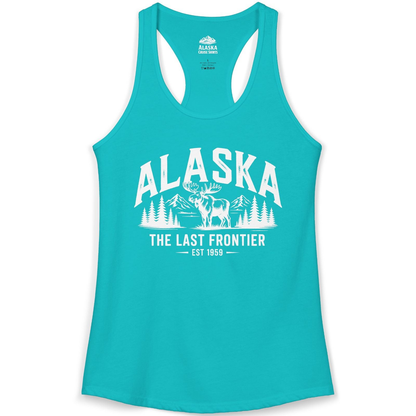 Alaska The Last Frontier Moose Mountain Wilderness Graphic Shirt — Ladies Tank Ladies Tank Top – Tahiti Blue – Alaska Cruise Shirts