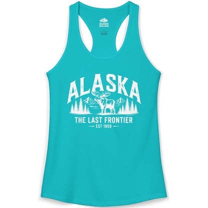 Alaska The Last Frontier Moose Mountain Wilderness Graphic Shirt — Ladies Tank Ladies Tank Top – Tahiti Blue – Alaska Cruise Shirts